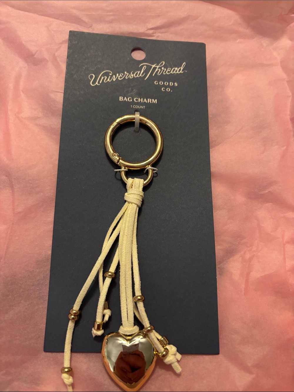 Universal Thread Cream Heart Tassel Keychain with Gold Accents
